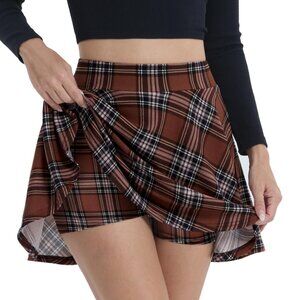 NWT DJT Stretchy High Waist A-Line Plaid Mini Skater Skirt w- Shorts Skort XL